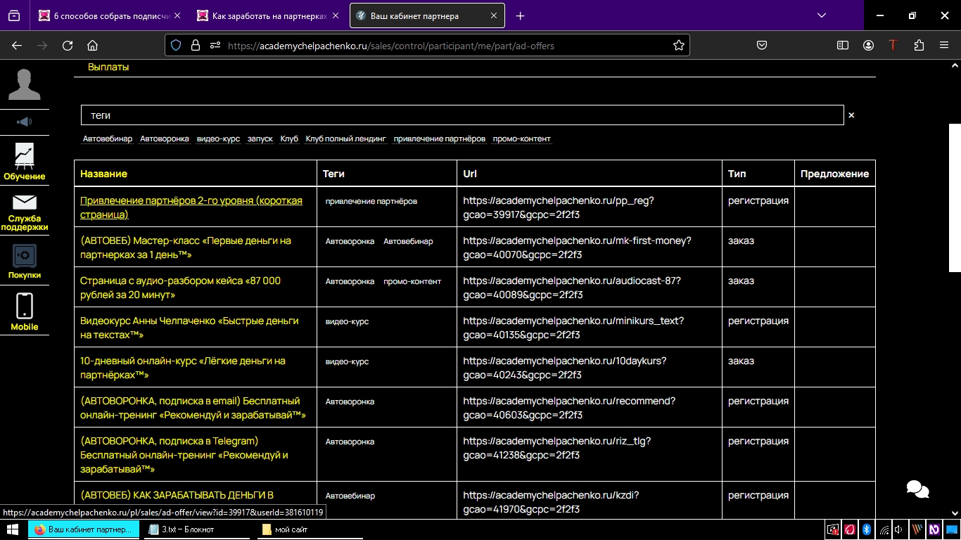 личный кабинет партнерской программы